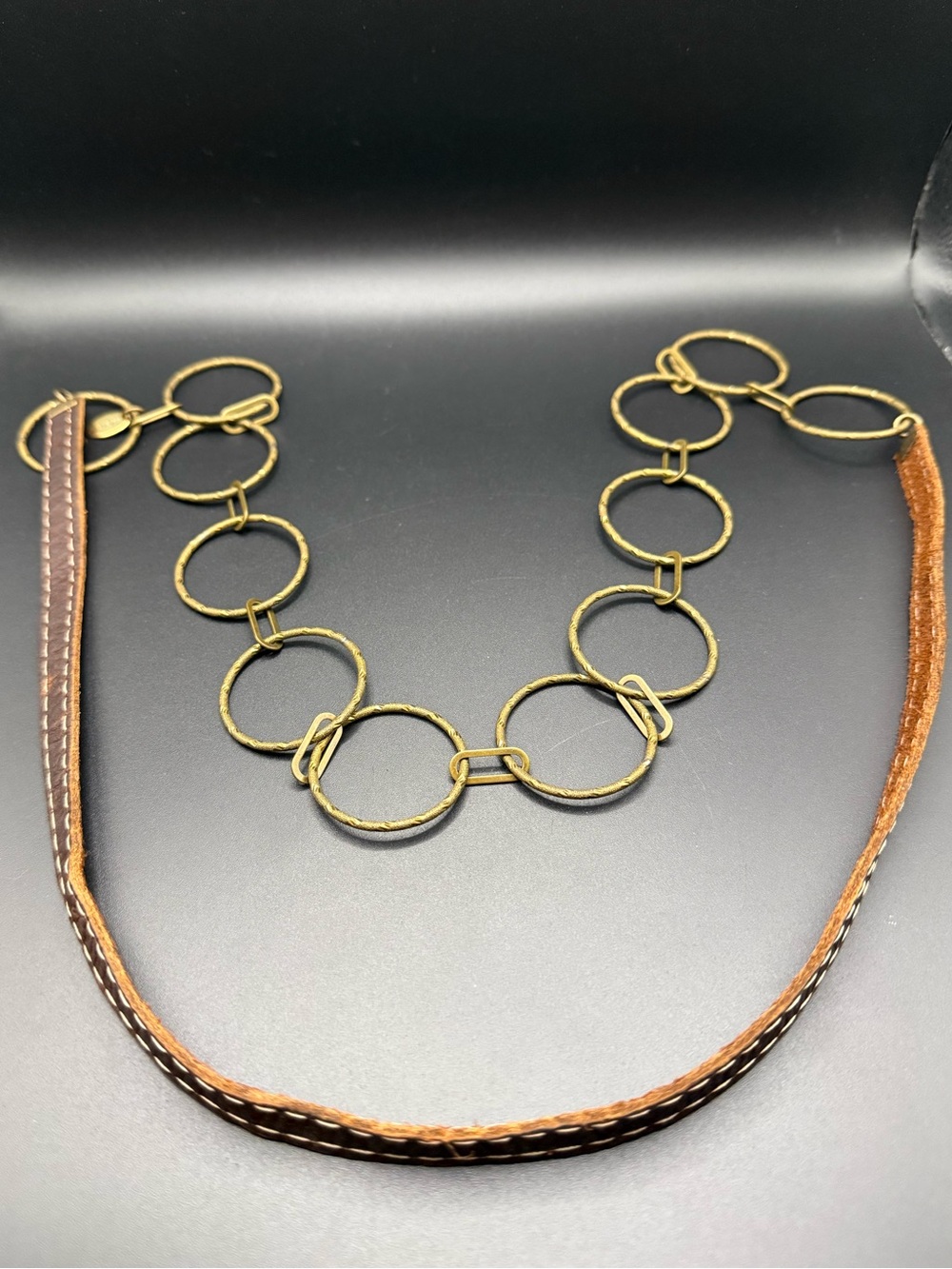 Canoe Gold-Tone Ring Link Necklace with Brown Leather Strap
